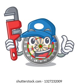 Plumber cartoon dartcoard next to wooden table