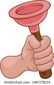 A plumber cartoon hand in a fist holding a plumbers toilet or sink plunger