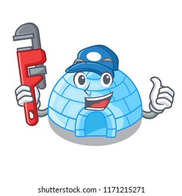 Plumber cartoon ice house igloo on snowing day