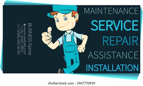 Plumber cartoon in uniform repair maintenance service installation business card