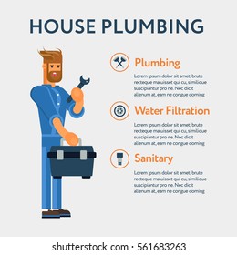 Plumber character with the professional tool kit and wrench and icon kit. Cool concept for plumbing services banners and advertisements, web banners. 
