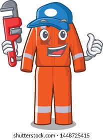 Plumber character work overalls hanging on door