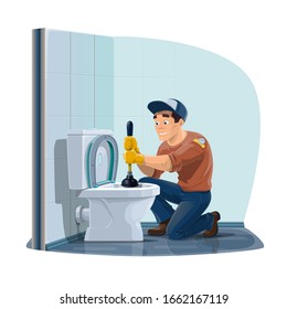 Plumber cleaning toilet sewerage with plunger, home plumbing service. Vector plumber profession, home sewerage pipeline leakage repair, maintenance and cleaning service