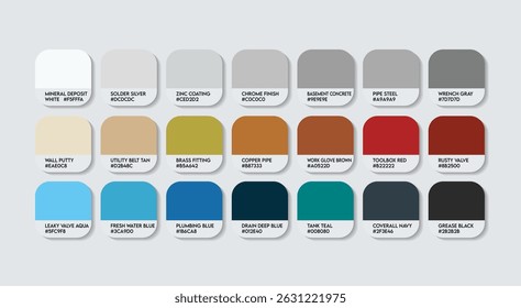 Paleta de cores de encanador - Guia de amostras de cores temáticas do catálogo do encanador com códigos HEX. Paleta de cores de profissões de encanador com multi tons inspirados e construção chanise cor temática Tom 2026