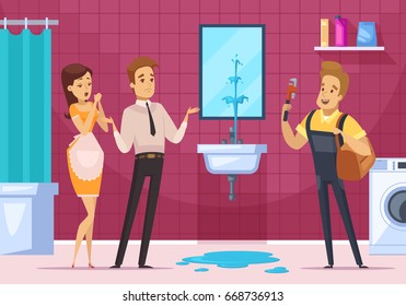 Plumber coming to remove the blockage in pipe and family couple in bathroom interior flat vector illustration