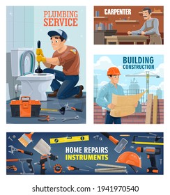 Plumber, construction workers and home repair tools banner. Plumber with plunger unclog toilet, carpenter in workshop and building engineer or architect with drawings, construction equipment poster