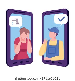 Plumber Consulting Woman Online, Mobile Chatting or Conversation of People via Smartphones, Text Bubbles on Screens of Two Mobile Phones Facing Each Other, Flat Vector Illustration