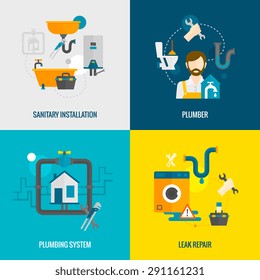 Plumber design concept set with sanitary installation leak repair flat icons isolated vector illustration