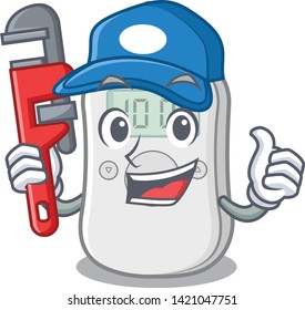 Plumber diabetes check machine above mascot table