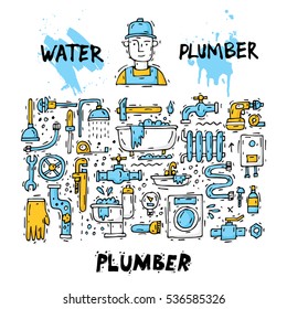Plumber different tools and accessories. Repairing service. Set of icons. Hand drawn vintage style. Flat design vector illustration.