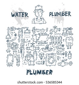 Plumber different tools and accessories. Repairing service. Set of icons. Hand drawn vintage style. Flat design vector illustration.