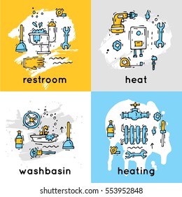 Plumber different tools and accessories. Repairing service. Hand drawn vintage style. Flat design vector illustration.