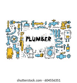 Plumber different tools and accessories. Repairing service. Set of icons. Hand drawn vintage style. Flat design vector illustration.