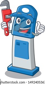 Plumber digital information cartoon kiosk next to table