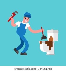 Plumber and dirty toilet. Cleaning pipes. Repair of plumbing. Vector illustration

