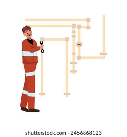 Plumber with a distinctive moustache adeptly fixes pipes while holding a wrench, ensuring seamless plumbing operations