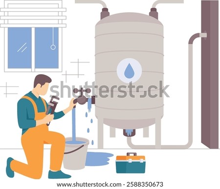 Plumber doing Water Tank Maintenance leaky faucet concept, Engineer Diagnosing Fault in Storage System vector design, plumbing worker banner, Handyman Services scene, HVAC technician illustration
