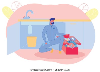 Plumber Eliminates Breakdown in Client’s Crane. Worker is Looking or Suitable Tool in Large Drawer. Water is Dripping from Pipe into Framed Bucket and Man has come to Eliminate this Breakdown.