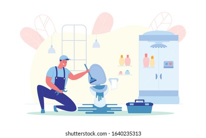 Plumber Eliminates Problem Toilet at Client's Home. Employee Repair Company Fulfills Customer’s Request and Repairs Toilet Bowl from which Water Flows. Man in Bathroom in his Hands Plunger and Wrench.