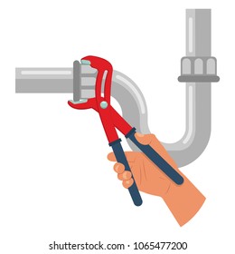 Plumber fix leak of water pipe through with a wrench. Vector flat illustration of a hand with tool isolated on a white background