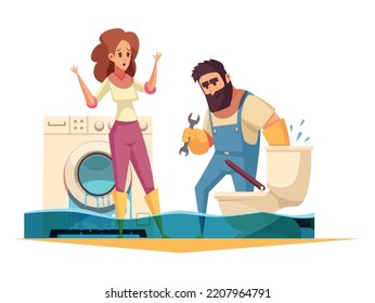 Plumber fixes leaking toilet bowl in flooded bathroom cartoon vector illustration