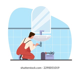 Plumber fixes leaky pipe or clog in sink. Repair man in toilet room. Leaking broken sewer. Repair service. Flood and destruction in bathroom. Cartoon flat illustration. Vector concept