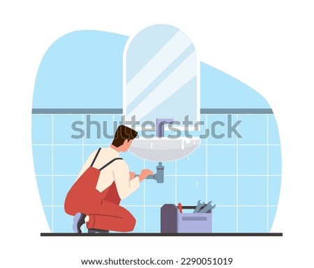 Plumber fixes leaky pipe or clog in sink. Repair man in toilet room. Leaking broken sewer. Repair service. Flood and destruction in bathroom. Cartoon flat illustration. Vector concept