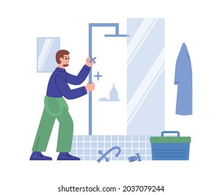 Plumber fixing broken pipes in bathroom, flat cartoon vector illustration isolated on white background. Plumbing and sanitation equipment maintenance.