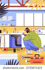 Plumber fixando tubos de pia de cozinha ferramentas modernas de espaço de trabalho plantas interior colorido design plano casa reparação conceito de serviço