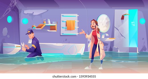 Plumber fixing leakage in flooded bathroom, woman waiting for toilet bowler pipe repair speaking by phone. House plumbing company, professional repairman working service. Cartoon vector illustration