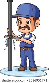 Plumber fixing leaking pipe vector illustration