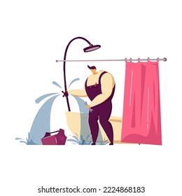 Plumber fixing leaky pipe in customers bathroom vector illustration. Professional doing his job. Plumbing, emergency, occupation, help concept for banner, landing page