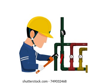 A plumber is fixing the pipe with the monkey wrench
