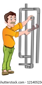 Plumber Fixing Pipes, vector illustration