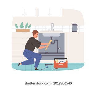 Plumber fixing and repairing plumbing. Workman installing pipe under kitchen sink. Professional pipeline service. Flat vector illustration of repairman with tools at work isolated on white background