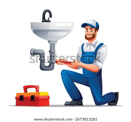 Plumber fixing a sink drain with a wrench, kneeling with a toolbox nearby. Vector cartoon illustration