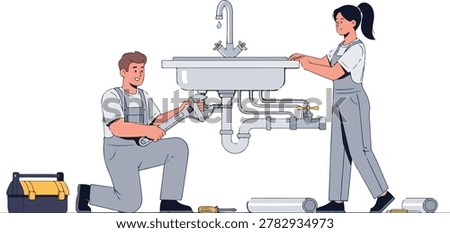 Plumber fixing sink, pipe repair, kitchen maintenance, professional service.