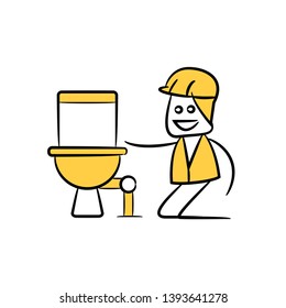 plumber fixing water closet, doodle stick figure design