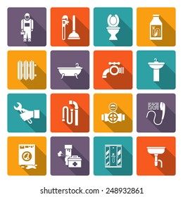 Plumber flat icons collection of bath shower cabin heater system leakage solid color abstract isolated vector illustration