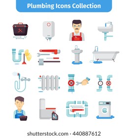 Plumber flat icons collection of bath tub shower water pipes and tools kit abstract isolated vector illustration.  