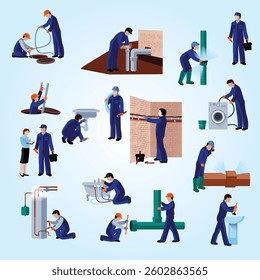 Plumber flat icons set apartment safety household mechanic renovation clean servicing