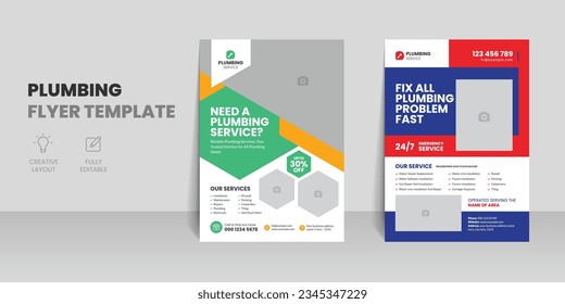 Plumber flyer template, professional home repair service leaflet design, and roofing business brochure design