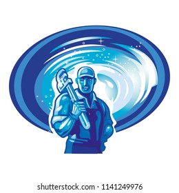 Plumber in front of water