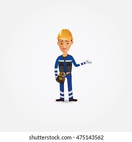 Plumber. Funny cartoon handyman. Handyman wearing work clothes and a belt with tools. Working plumber  with pointing pose.