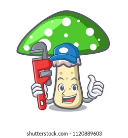Plumber green amanita mushroom mascot cartoon