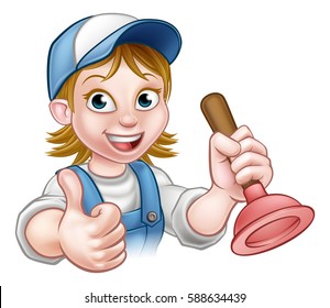 A plumber handyman cartoon character holding a plunger and giving a thumbs up