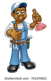 A plumber handyman cartoon character holding a plunger and giving a thumbs up
