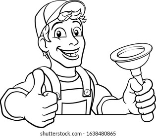 Plumber or handyman cartoon mascot holding a plumbing drain or toilet plunger. Peeking over a sign and giving a thumbs up.