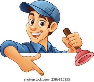 A plumber handyman cartoon mascot man holding a drain or toilet plunger peeking around a sign and pointing at it