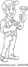 A plumber handyman cartoon mascot man holding a drain or toilet plunger and pointing